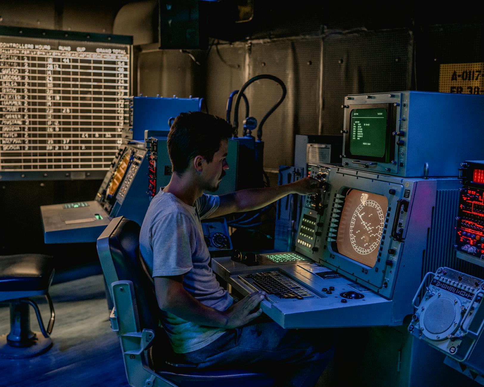 This image of a man in working at a control console is intended to bring to mind the control center of weapons systems that may be used in a geopolitical conflict.